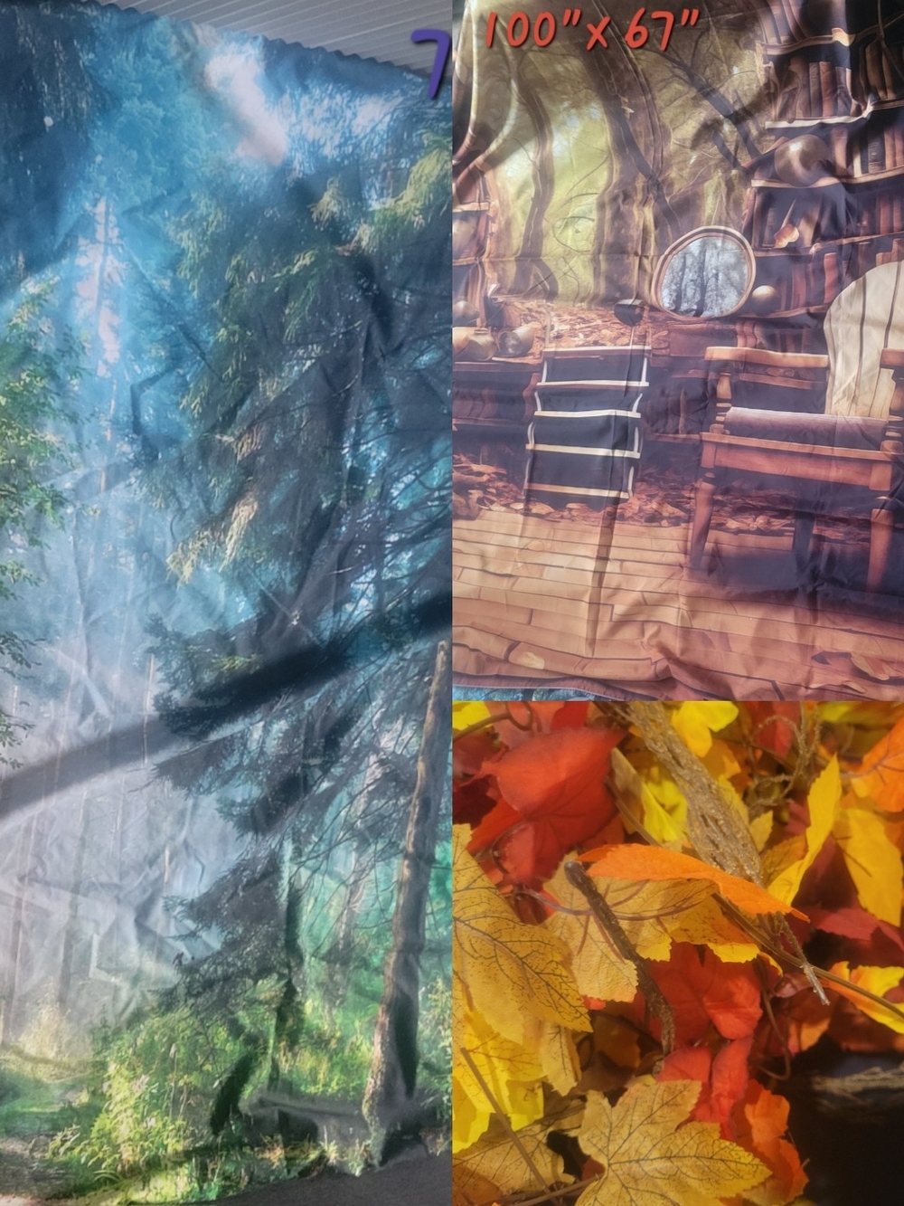 Tapestries Backdrops Set - Blue Green Forest, Rustic Cabin, Autumn Leaves